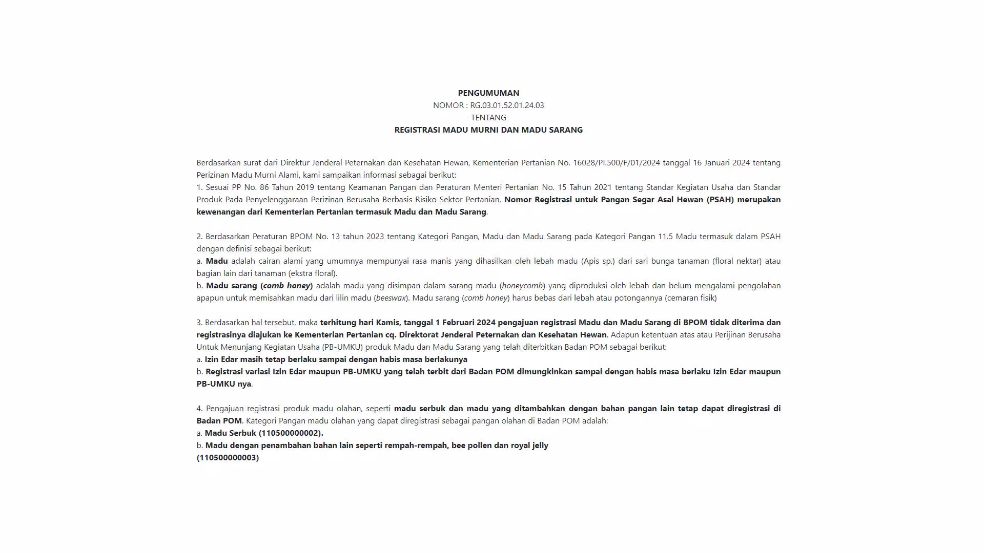 Dokumen izin edar madu Indonesia: NKV, PIRT, BPOM, dan sertifikat halal BPJPH